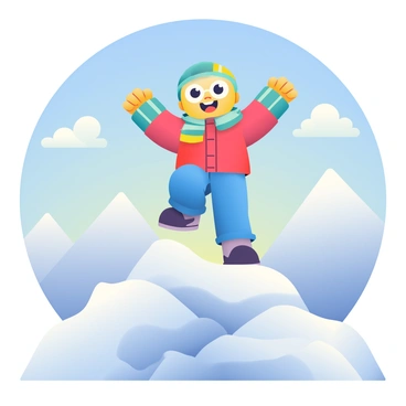 A 3D cartoon character with bright yellow skin and large expressive eyes is triumphantly reaching the summit of a snowy mountain peak. The character has a wide, joyful smile and is wearing a colorful winter outfit, including a red jacket and blue snow pants. Their arms are stretched wide in celebration. The mountain peak is covered with thick layers of white snow, glistening in the sunlight, with a clear blue sky above. In the background, other distant snow-capped mountains can be faintly seen. Fluffy white clouds are scattered across the sky, adding to the cheerful atmosphere of the scene.