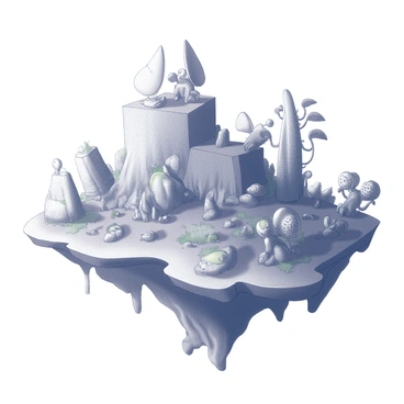 A floating island suspended in the sky. The island features a rugged terrain with various elevations and rock formations. Dense and thriving vegetation covers much of the landscape, with oversized leaves and unusual plant shapes dominating the scene. Strange creatures roam the island, each with distinct anatomical features such as elongated limbs, textured skin, or unique facial structures. Some creatures can be seen interacting with the environment, while others are perched on rocks or hidden among the foliage. A gentle mist surrounds the base of the island, adding to the mysterious ambiance of this isolated ecosystem.