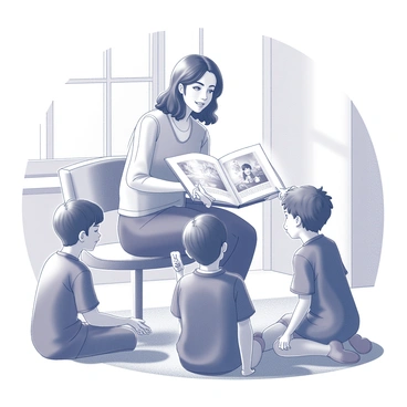 A Sunday school teacher is sitting on a small chair, surrounded by children seated on the floor. The teacher is holding a "colorful storybook" open, with illustrations clearly visible to the children. The children are engaged, with expressions of curiosity and excitement on their faces. One child is leaning forward, pointing at an illustration, while others are looking attentively at the book. The setting has a warm atmosphere, with sunlight streaming through a nearby window, illuminating the scene and emphasizing the interaction between the teacher and the children.