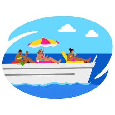 A group of people sunbathing on the deck of a large white yacht. The deck features comfortable lounge chairs with colorful beach towels draped over them. Some individuals are applying sunscreen, while others are relaxing with sunglasses on. A clear blue sky stretches overhead, with a few fluffy white clouds scattered. The ocean is visible in the background, with gentle waves lapping against the hull of the yacht. A beach umbrella provides shade for a couple of sunbathers enjoying cold drinks.