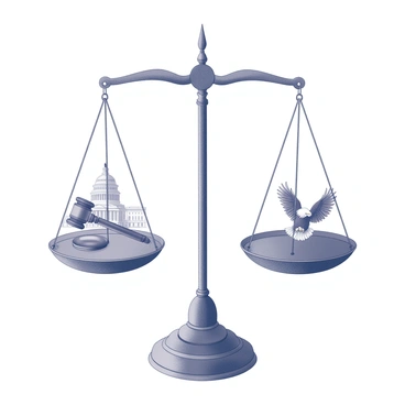 An illustration of a balanced scale. The left side of the scale represents state powers, depicted with symbols like a gavel, a local government building, and a state flag. The right side of the scale represents federal powers, illustrated with symbols like an eagle, a Capitol building, and the United States flag. The scale is positioned centrally, conveying equilibrium between the two sides. The background features a simple, clean design to emphasize the scales and their symbols.
