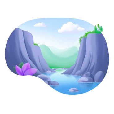 A modern pastel illustration depicts a river flowing gently through the bottom of a steep chasm. The water is clear and reflects the light, while smooth stones line the banks of the river. The chasm walls rise high on either side, with some greenery visible on the ledges. Soft clouds drift in a blue sky above, framing the scene.