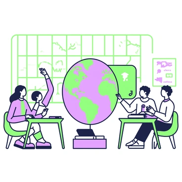A lively classroom filled with students engaged in learning various languages. In the center, a globe-shaped teacher stands on a small platform. The teacher features continents and countries detailed in green and purple. Around the teacher, students of diverse backgrounds are seated at colorful desks, each with language books open in front of them. One student is raising a hand excitedly, while another is taking notes. A chalkboard behind the teacher displays phrases in multiple languages. Posters on the walls illustrate different cultures associated with the languages being studied. Sunlight streams through large windows, illuminating the vibrant scene.