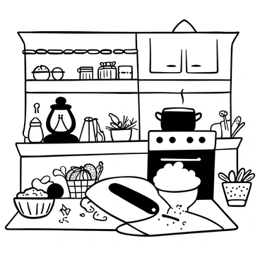 An oil lamp sitting on a wooden countertop, casting light across a busy farmhouse kitchen. A variety of fresh ingredients are arranged around the lamp, including a basket of vegetables, herbs tied with twine, and bowls of flour and grains. A cutting board with a knife lies nearby, and a steaming pot rests on an old stove. Wooden shelves in the background are filled with jars and utensils, contributing to the bustling atmosphere of the kitchen.