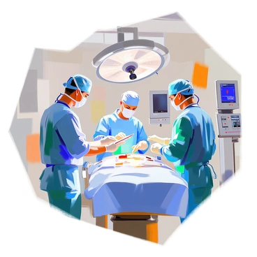 A surgical team dressed in blue and green scrubs stands in a brightly lit operating room. The team includes a lead surgeon with a surgical mask and gloves, reviewing patient information on a clipboard. Two assistants are beside him, one checking surgical instruments while the other is adjusting the lights above the operating table. The operating room is equipped with advanced medical equipment, including a large surgical light and monitors displaying vital signs. The atmosphere is focused and professional as they prepare for the upcoming operation.