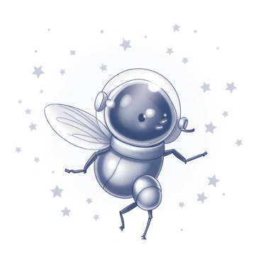 A small fly is enclosed in a tiny space suit, appearing curious and alert. The suit has a clear helmet that showcases the fly's intricate body details. The fly's wings are slightly spread, giving a sense of motion. Surrounding the fly is a backdrop filled with numerous stars, creating a sense of vastness in the scene. The stars vary in size and brightness, adding depth to the composition.