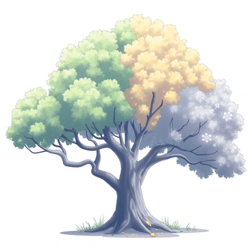 A large tree with a sturdy trunk and an expansive canopy. The left side of the tree showcases vibrant green leaves, representing spring, with small blossoms peeking through. The middle section displays lush, full foliage characteristic of summer, while the right side has leaves turning shades of yellow and orange, indicating the arrival of autumn. Finally, the bare branches on the far right symbolize winter, with delicate snowflakes resting on the twisting limbs. The ground beneath the tree is covered with fallen leaves and patches of grass, representing the cycle of the seasons.
