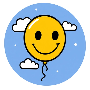 A giant yellow smiley face balloon with a wide, cheerful grin is floating high in a clear blue sky. The balloon has two large black eyes that reflect sunlight, enhancing its cheerful expression. Fluffy white clouds dot the sky in the background, adding contrast to the vibrant color of the balloon. The sunlight casts soft shadows beneath the balloon, emphasizing its round shape and making it appear as if it is gently swaying in the breeze.