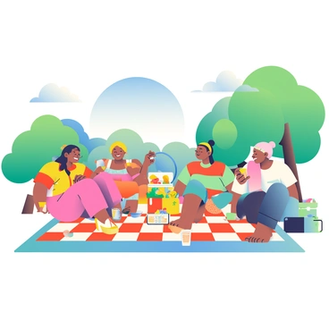 A sunny day at the park features a group of friends sitting on a large, checkered picnic blanket. They are wearing colorful, playful outfits designed by Issey Miyake, showcasing various patterns and textures. The friends are laughing and sharing food from an assortment of picnic baskets filled with fruits, sandwiches, and snacks. Nearby, a bright blue sky is visible, dotted with a few fluffy white clouds. Green trees surround the area, providing shade and enhancing the vibrant atmosphere. Some friends are holding drinks in colorful cups, while others are lounging on the blanket, enjoying the moment together.