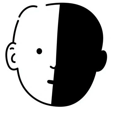 A human face is depicted with one side illuminated by bright light, showcasing clear features, while the other side is engulfed in deep shadow, obscuring details. The contrast between light and dark creates a striking visual effect, emphasizing the contours of the face.
