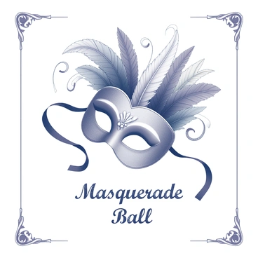 An intricately designed masquerade mask is centered on the image. The mask features ornate details, including swirling patterns and embellishments that catch the eye. Colorful feathers in various shapes and sizes are arranged luxuriously at the top of the mask, creating a dramatic effect. Surrounding the mask, elegant swirls and flourishes add to the festive atmosphere. Below the mask, the text "Masquerade Ball" is prominently displayed in an elaborate font. Additional details include decorative borders that enhance the allure of the invitation.