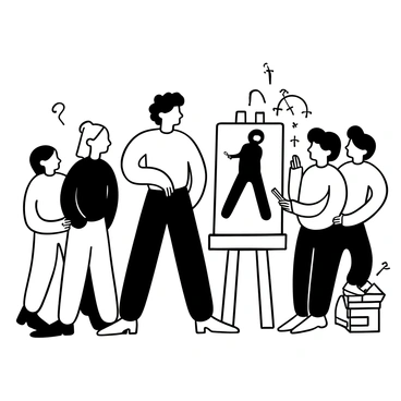 A player is standing at an easel, holding a paintbrush, working on a black-and-white illustration of a famous singer. The singer is depicted in a dynamic pose, emphasizing their iconic style and posture. Several friends are gathered around the player, leaning in closely with focused expressions, pointing and whispering to each other as they eagerly try to guess who the singer is. The background includes a few scattered art supplies and the room is filled with an atmosphere of excitement and anticipation.