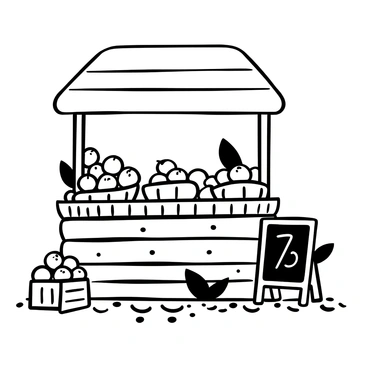 A farmers' market stall with multiple baskets filled with peaches, some peaches stacked high while others spill over the sides. The stall is made of wooden planks, with a simple canopy overhead. There are also green leaves scattered across the stall and a chalkboard sign in front displaying the price of the peaches. A small wooden crate on the side holds a few other fruits. The ground is textured with cobblestones, adding detail to the market scene.