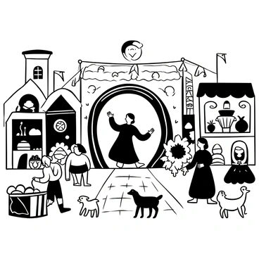 A time traveler in a flowing cloak stepping out of a swirling magical portal, which glows in the center of the image. The medieval marketplace is filled with various stalls displaying fruits, vegetables, and handmade goods. People dressed in medieval attire are engaged in vibrant trade, while animals like chickens and goats roam among them. The cobblestone path is busy with townsfolk, and banners hang between the stalls, adding to the lively atmosphere.