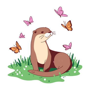 A teal otter is sitting in a sunny meadow, surrounded by various butterflies of different sizes and shapes. The butterflies are in shades of orange and pink, fluttering around the otter. The grass in the meadow is lush and green, with small white flowers scattered throughout. The otter looks content, with its eyes wide open, as it interacts playfully with the butterflies flying nearby.