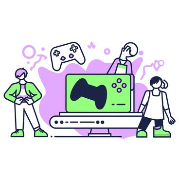 A gaming console platform is displayed prominently at the center of the image. The console is sleek and modern, with distinct details that highlight its design. Beside the console, there are two controllers featuring ergonomic designs, with buttons and joysticks clearly visible. Surrounding the platform, popular game characters are represented in dynamic poses, showcasing their unique features and outfits. Each character is positioned as if ready for action, adding to the energetic atmosphere of the scene. The background subtly emphasizes the gaming theme, with abstract shapes suggesting movement and excitement.