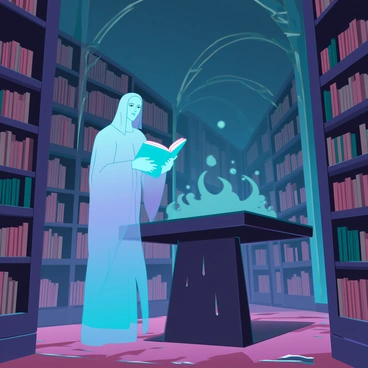 A dusty library with high, arched ceilings and wooden shelves filled with ancient books. The air is thick with the scent of aged paper and leather. In the center, a ghostly figure with a translucent form and ethereal features stands by a large oak table. The figure is dressed in tattered robes that appear to flow like mist. It holds an open, glowing book, its pages illuminated with an otherworldly light. Shadows dance around the room, enhancing the eerie yet calm atmosphere.