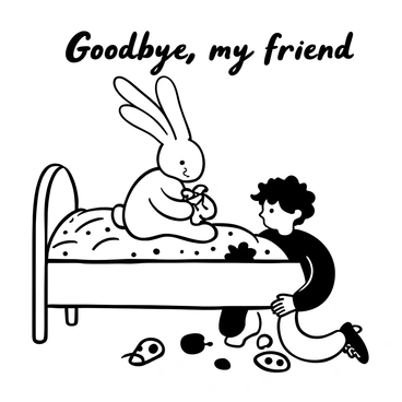 A heartfelt farewell between the Velveteen Rabbit and the child, with tears in their eyes