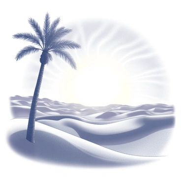 A vast desert landscape stretches across the scene, characterized by rolling sand dunes. In the foreground stands a single date palm, its tall trunk rising prominently. The palm's leaves create a delicate silhouette, defined against the backdrop of the sunset. The sky is filled with dynamic patterns, where the sun is low on the horizon, casting intricate shadows and details across the dunes. The overall atmosphere conveys the contrast between the dark palm and the striking display of natural light.