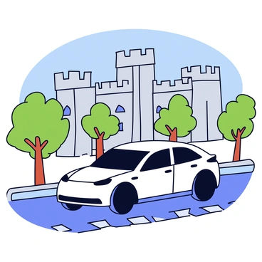 An electric car in a sleek design with a shiny metallic finish is parked on a cobblestone street. In the background, a famous historic landmark, such as a grand castle with stone walls and arched windows, rises prominently. The car is positioned at an angle, showcasing its modern features while the landmark reflects a traditional architectural style. Green trees line the street, adding a touch of nature to the scene. A clear blue sky is overhead, enhancing the contrast between the vehicle and the historic structure.