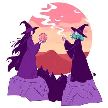 Two witches stand side by side on a rocky cliff, their long robes billowing in the wind. The first witch has long, flowing hair that is a deep purple, and she holds a shimmering crystal ball in her hands. The second witch, with short teal hair, gestures dramatically towards the horizon where wisps of smoke and light swirl together to form a vision of the future. The sky is a blend of muted orange and dark red, casting a mystical glow on their focused faces. Below them, rugged terrain stretches out, with hints of twilight casting shadows around their feet. The scene captures the intense concentration of the witches as they conjure their powerful magic.
