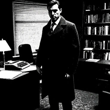 A detective wearing a long, dark trench coat is standing in a dimly lit office. He has slicked-back hair and a serious expression on his face. His right hand is holding a notepad, while his left hand rests on a wooden desk cluttered with papers and a vintage typewriter. A single desk lamp casts shadows, creating an air of intrigue. The walls are lined with bookshelves filled with old books, and a window partially covered with blinds allows faint light to filter through. On the floor, there is a patterned rug that adds texture to the scene.