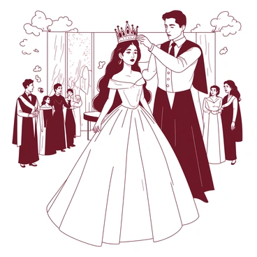 A woman named Priscilla is standing in the center of a formal ceremony, wearing an elegant gown. She has long, flowing hair that cascades down her shoulders. An ornate crown is being placed on her head by a dignified figure beside her. Priscilla's expression conveys a sense of regal pride, with her chin slightly raised and a gentle smile on her lips. Around her, guests are dressed in formal attire, with a backdrop of rich decorations enhancing the grand atmosphere of the event.