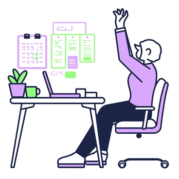 An office worker is seated at a desk, stretching their back and arms. The worker has short hair and is wearing a blue shirt and black pants. The desk is cluttered with a laptop, a green mug, and a few papers. The worker's arms are raised above their head, and their back is arched slightly. A chair with armrests supports them, and a potted plant is placed on the corner of the desk. In the background, there is a wall with a calendar and a bulletin board filled with notes.
