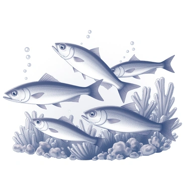 A group of tarpons swimming underwater. The fish are depicted in a streamlined formation, their bodies reflecting light as they move through the water. Surrounding them are intricate coral reefs filled with various shapes and textures, creating a dynamic environment. The coral structures vary in height and density, providing a rich backdrop for the tarpons. Bubbles rise around the fish, adding a sense of movement and life to the underwater scene.