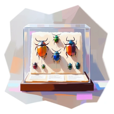 A collection of pinned beetles neatly arranged in a glass display case. The case is rectangular and made of dark wood, with a polished finish that highlights its craftsmanship. Inside, various species of beetles are showcased, each pinned through the thorax to secure them against a plush, soft background. The beetles vary in size and color, featuring iridescent greens, deep blues, and rich browns, glistening under the soft light. Labels underneath each specimen provide scientific names and details about their habitats, adding an educational touch to the display. The overall presentation is organized and meticulously arranged, showcasing the diversity of these insects.
