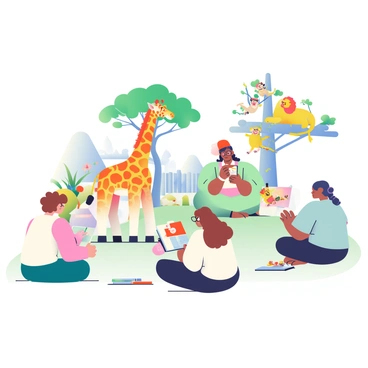 A group of illustrators is seated on the grass at a zoo, each focused on sketching different animals in their natural habitats. One illustrator with short brown hair is drawing a tall giraffe with long legs and a patterned coat, standing near a acacia tree. Another illustrator, wearing glasses and a red hat, is capturing a playful group of monkeys swinging on branches above. A third illustrator with curly hair is sitting cross-legged, sketching a sleeping lion in the shade, while a fourth is working on a vibrant bird perched on a nearby branch. Each artist has a sketchpad on their lap and various colored pencils scattered around them. The scene is filled with greenery, and there are hints of other zoo visitors in the background observing the animals.