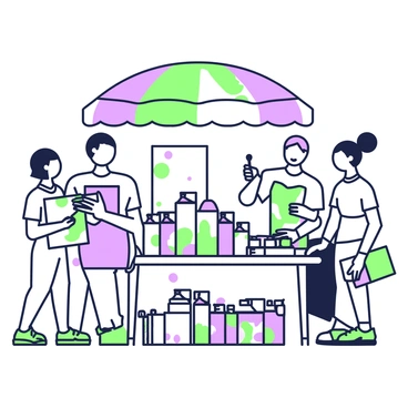 A street vendor is standing under a colorful awning, selling various spray paint cans and art supplies. The vendor has a friendly smile, wearing a t-shirt and an apron with paint splatters. In front of the vendor, there is a table filled with an array of spray paint cans in different sizes, with labels clearly visible. Next to the spray paint, there are brushes, canvases, and sketchbooks neatly arranged. Several aspiring artists are gathered around the table, examining the supplies, with one artist holding a canvas and another looking at the spray paint. The scene captures an energetic atmosphere typical of an outdoor art market.