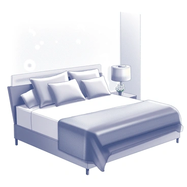 A bedroom with gentle lighting creating a warm atmosphere. The bed is adorned with several plush pillows, stacked in an inviting manner. A cozy blanket is draped over the bed, adding texture and comfort. A bedside table holds a small vase with flowers, enhancing the romantic feel of the space. The walls are decorated with soft patterns, contributing to the overall sense of warmth and intimacy in the room.
