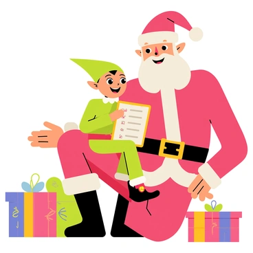 An elf with pointed ears and a green outfit, complete with a red belt and jingle bells, is sitting on Santa's knee. Santa is wearing his traditional red suit with white fur trim and a black belt. The elf has bright eyes and a cheerful expression, holding a clipboard with a checklist of holiday preparations. Santa is smiling warmly, gesturing with one hand as if explaining something. In the background, colorful wrapped presents and festive decorations are visible, creating a joyful holiday atmosphere.