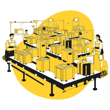 A back-end view of an airport luggage assembly line with bags moving systematically