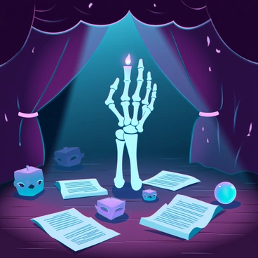 A dimly lit backstage area of a theater filled with various props and costumes. In the center, a "hand of glory," resembling a gnarled, skeletal hand holding a flickering candle, is prominently displayed. The hand emits a soft, eerie light, casting elongated shadows on the wooden floor. Surrounding the hand are scattered scripts, glowing crystal orbs, and ornate masks, enhancing the atmosphere of mystery. A backdrop of heavy velvet curtains can be seen, partially drawn, with the faint outlines of stage lights illuminating the scene.