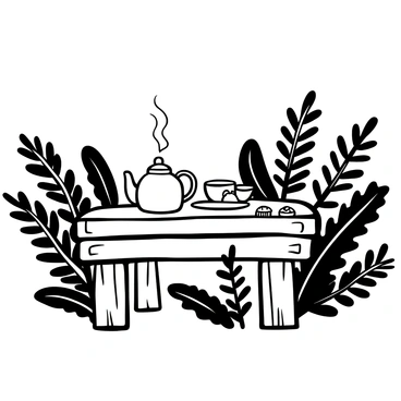 A rustic wooden table is set outdoors, surrounded by lush ferns. On the table, a detailed teapot is placed next to several teacups. Delicate steam rises from the teapot. A small plate with pastries sits nearby, adding to the inviting atmosphere. The scene is framed by the greenery of the ferns, creating a secluded, tranquil setting.