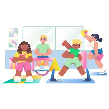 A group of children are participating in a CrossFit class using miniature exercise equipment. There are four children; one girl with curly brown hair is using a small pink kettlebell, while a boy with short blonde hair is doing push-ups on a colorful mat. Another boy with glasses is jumping over a small blue hurdle, and a girl with pigtails is balancing on a yellow beam. The background features a bright gym with colorful wall designs and a large window letting in natural light. Each child is smiling and wearing colorful athletic wear, creating a lively and energetic atmosphere.