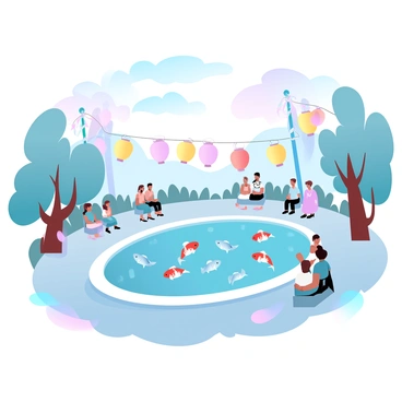 A vibrant cultural festival scene features various colorful lanterns hanging from trees and posts surrounding a tranquil koi pond. The pond is filled with koi fish swimming gracefully, their scales reflecting the light from the lanterns. Festive decorations, including ribbons and banners, adorn the area. Several people in traditional attire are gathered near the pond, some sitting on benches while others stroll along the pathway, enjoying the atmosphere. The sky is a gradient of pastel colors, suggesting the transition from day to evening.