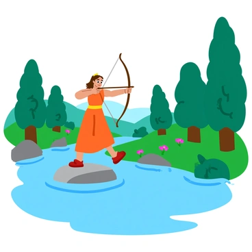 "Artemis crossing a sacred river, poised with her bow ready for action. She stands on a smooth stone in the midst of the river, with gentle ripples reflecting the soft light. The riverbanks are lush and vibrant with greenery, featuring tall trees and flowering plants. A thick mist hovers above the water, creating a mystical atmosphere. Artemis is adorned in a flowing tunic, her hair cascading around her shoulders, and her gaze is focused intently ahead."