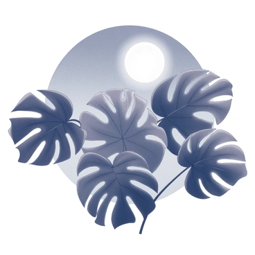 A cluster of large Monstera leaves with distinct perforations. The leaves are silhouetted, displaying their intricate shapes and textures. The background features a moonlit sky, with the moon glowing brightly and casting light. The dark leaves contrast sharply against the illuminated sky.