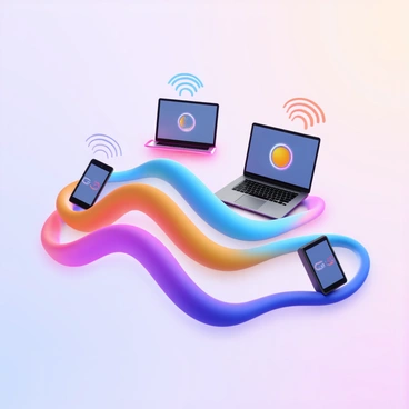 A series of 3D waves representing communication signals in a vibrant color spectrum. These waves are depicted flowing and intertwining between various devices, including a smartphone, a laptop, and a tablet. Each device displays a glowing screen, indicating active communication. The waves pulse gently, suggesting the transmission of signals, and they are surrounded by a subtle glow that enhances their dynamic appearance. The background is a soft gradient, adding depth to the overall composition.