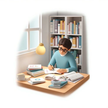 A student is sitting at a wooden desk in a quiet study corner of a library. The desk is covered with open books, some stacked neatly while others are spread out, showcasing colorful illustrations. The student, wearing glasses and a blue sweater, is focused on writing notes in a notebook. A soft lamp above casts warm light on the desk, illuminating the pages of the books. Behind the student, tall bookshelves filled with various titles stretch toward the ceiling, creating a cozy and studious atmosphere. A window nearby allows soft natural light to filter into the space.