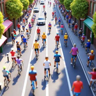 A panoramic view of a busy street filled with pedestrians and cyclists. There are numerous individuals walking along the sidewalks, some looking at their phones while others engage in conversation. Bicyclists navigate the bike lanes, wearing helmets and colorful clothing. Cars are parked along the side of the street, and traffic is moving in the background. Storefronts line the street, showcasing various signage. The sunlight casts shadows on the pavement, adding depth to the scene.