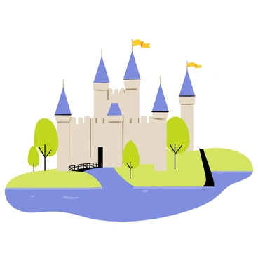 A grand castle with tall stone walls and multiple turrets reaching up to the sky. The turrets are topped with pointed roofs and colorful banners flapping in the breeze. Surrounding the castle is a wide moat filled with clear blue water, reflecting the castle’s impressive architecture. Lush green trees line the edge of the moat, and a small wooden drawbridge connects the castle to the grassy landscape beyond.