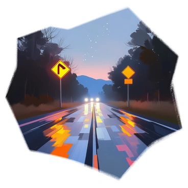 A dark road stretches into the distance, surrounded by shadowy trees on either side. The asphalt is damp, reflecting the light from illuminated road signs. The signs display various directional arrows and warnings, glowing brightly against the dark backdrop. A gentle mist hangs low over the ground, adding an air of mystery to the scene. The faint outline of distant hills is visible under the starlit sky, enhancing the sense of isolation on this quiet road.