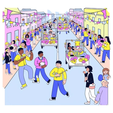 A vibrant street lined with colorful banners and festive decorations for a parade. Marching bands in bright uniforms are playing instruments, with members holding drums and brass instruments. Various floats, adorned with flowers and shiny streamers, are moving down the street, showcasing different themes, such as animals and seasonal celebrations. Spectators are gathered along the sidewalks, some waving flags and others taking pictures. The atmosphere is lively and cheerful, filled with excitement as the parade progresses.