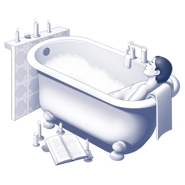 A person is reclining in a large, elegantly designed bathtub filled with bubbles. The bathtub is made of white porcelain with ornate detailing. Surrounding the tub are several lit candles, casting soft shadows and creating a tranquil atmosphere. A book lies open on the edge of the tub, its pages gently fluttering as if a light breeze is passing by. The person, seen from a side angle, is leaning against the tub, eyes closed and a blissful expression on their face. The bathroom is spacious, with decorative tiles on the walls and a plush towel draped over a nearby rack.