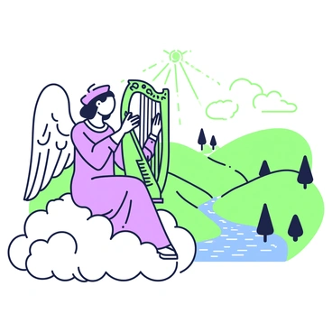 An angelic figure with flowing robes is seated on a cloud, playing a harp. The harp is ornate with intricate designs. Surrounding the figure, there are soft, fluffy clouds that create a serene atmosphere. In the background, a lush landscape is visible, featuring rolling hills, vibrant trees, and a shimmering river that reflects the light. The sky above is bright and expansive, with rays of light streaming down. The figure has wings that are elegantly spread, adding to the ethereal feel of the scene.