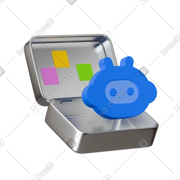 開いた金属製の箱に入った青いaiアシスタントのアイコン、テクノロジー製品のパッケージ のアニメーションイラスト、GIF、Lottie (JSON)、AE